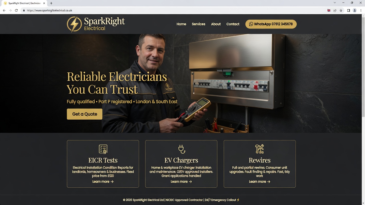 Example electrician website with services and a call button