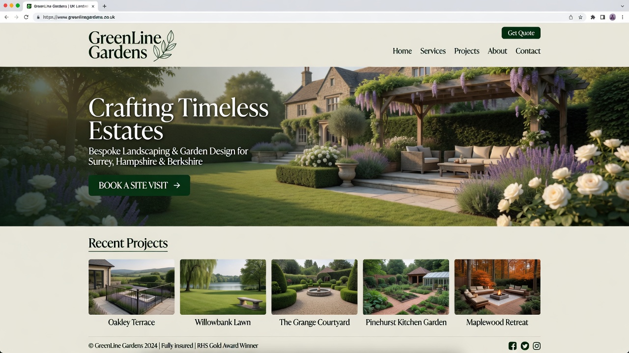 Example landscaper website with gardens, driveways and a call button