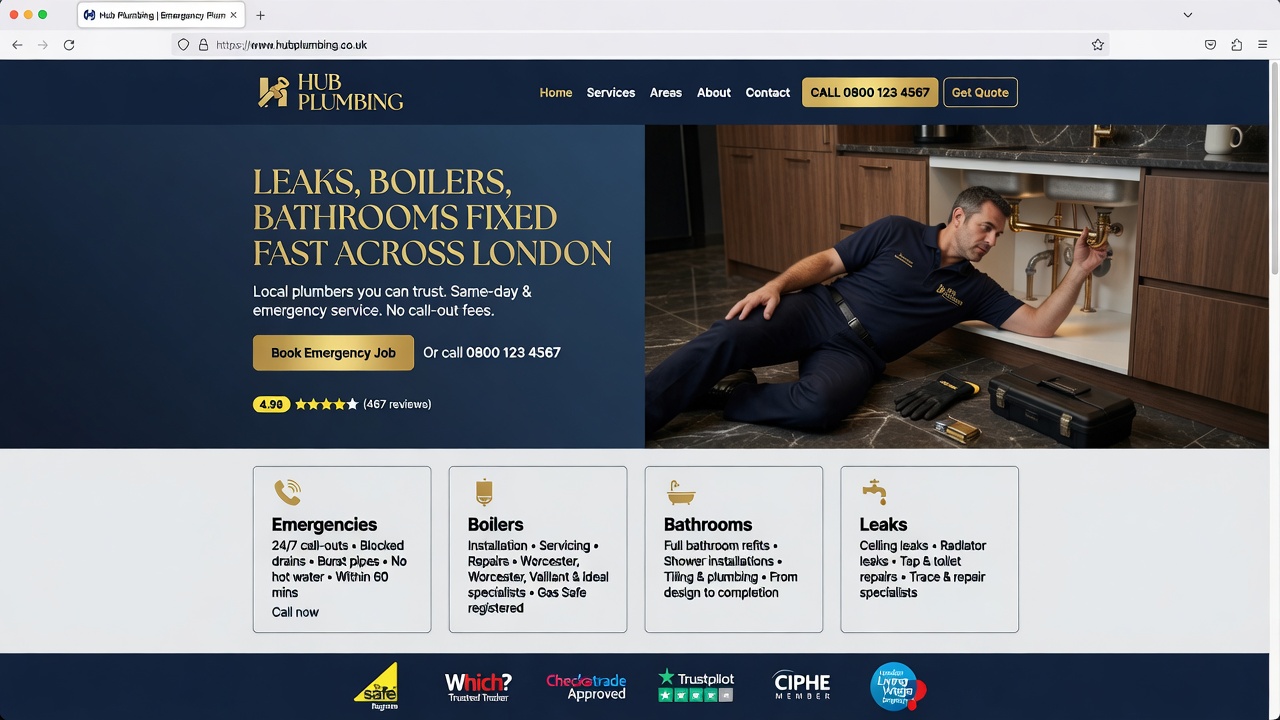 Example plumber website with services, reviews and a call button